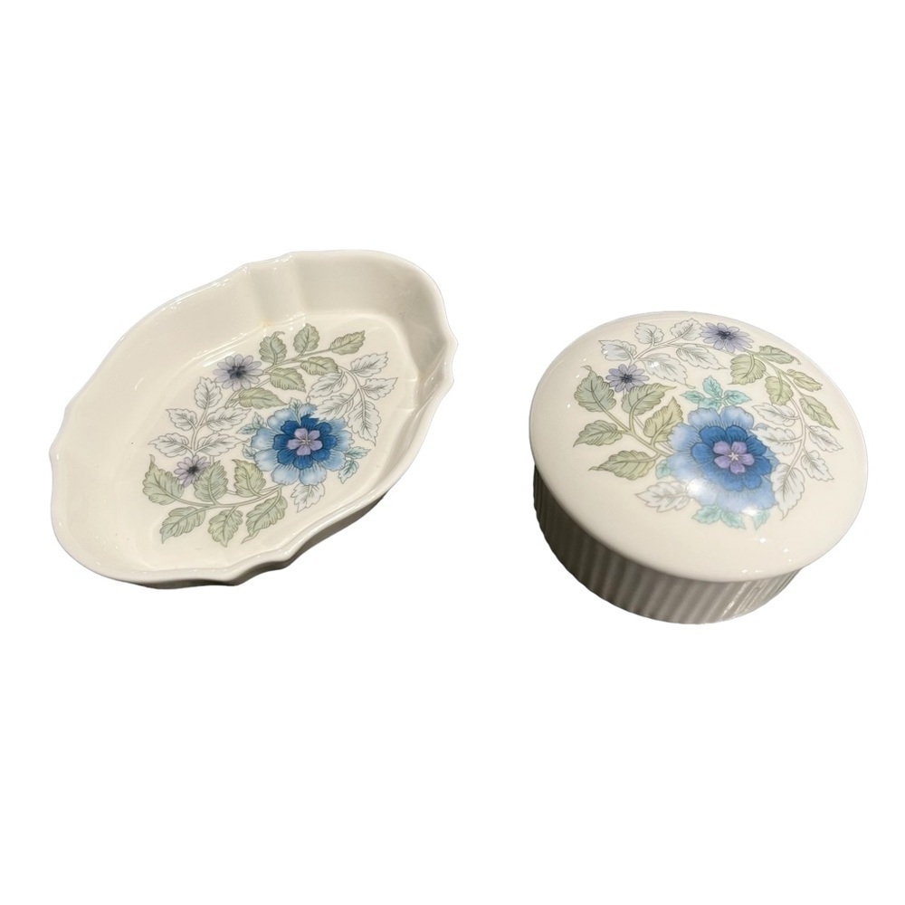 Wedgwood Trinket Tray and Box Dresser Set Clementine Blue Floral Bone China
